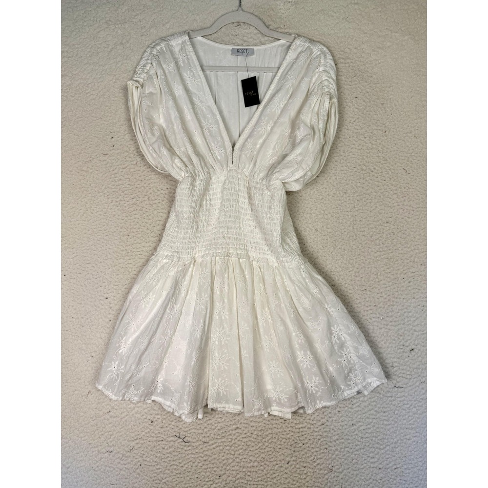 Reset‎ By Jane Dress Womens S White Smocked Sundress Puff Sleeve Embroidered